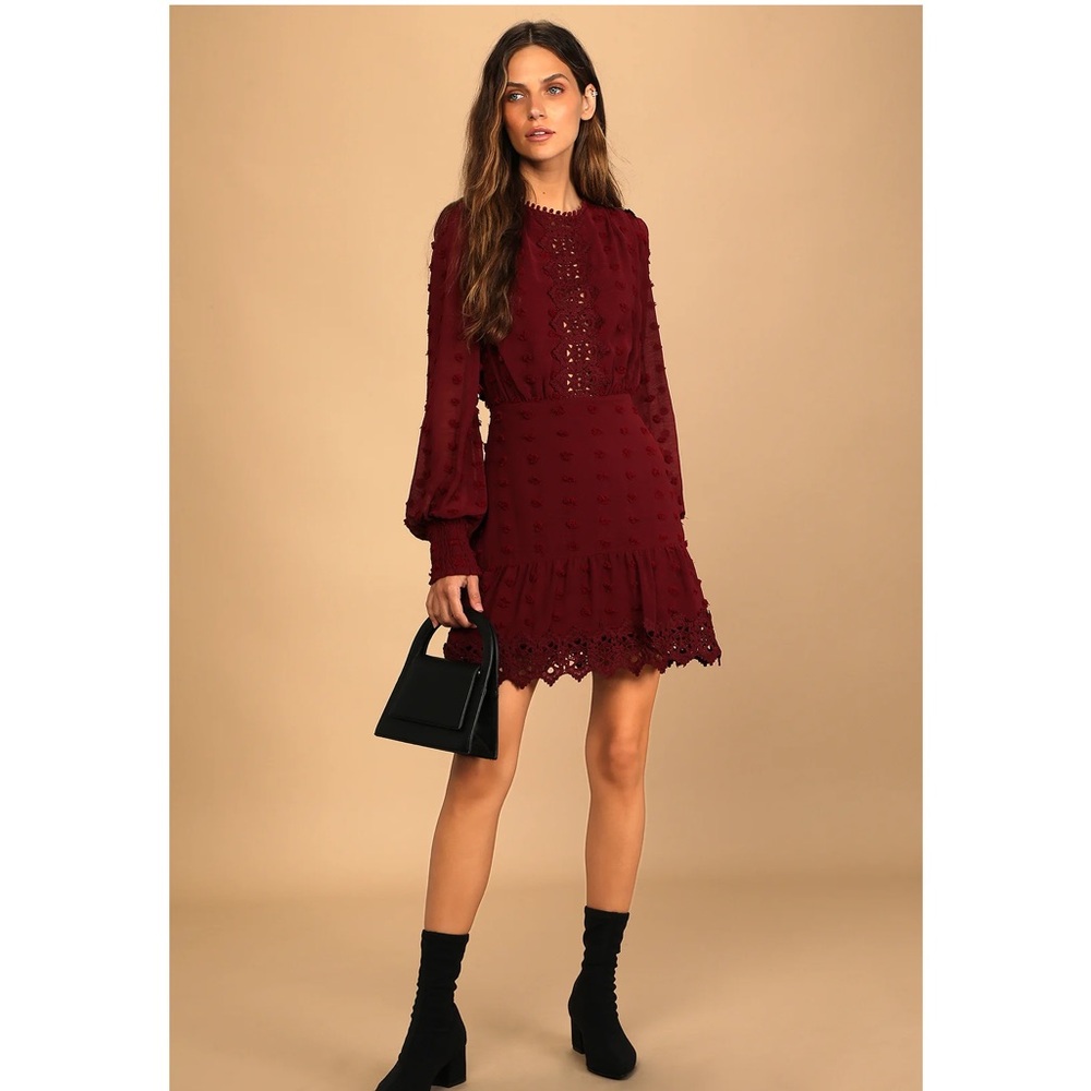 Lulus Lust or Love Wine Red Embroidered Lace Long Dress Size Large NWTS - Picture 6 of 6